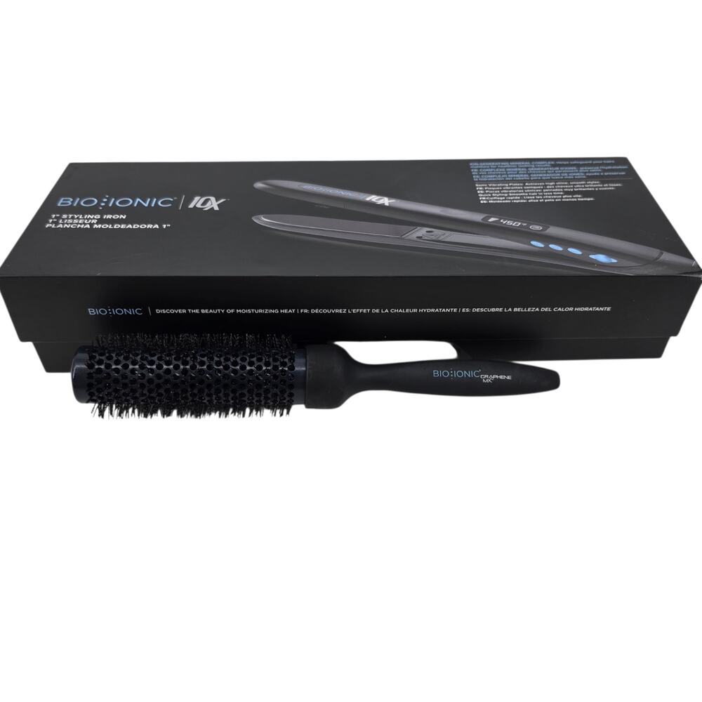 Bio Ionic 10X 1” Ceramic Pro Hair Styling Iron Hair W/ Graphene MX Round Brush